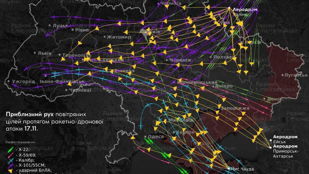 Illustration of the trajectory of Russian missiles and drones this morning.